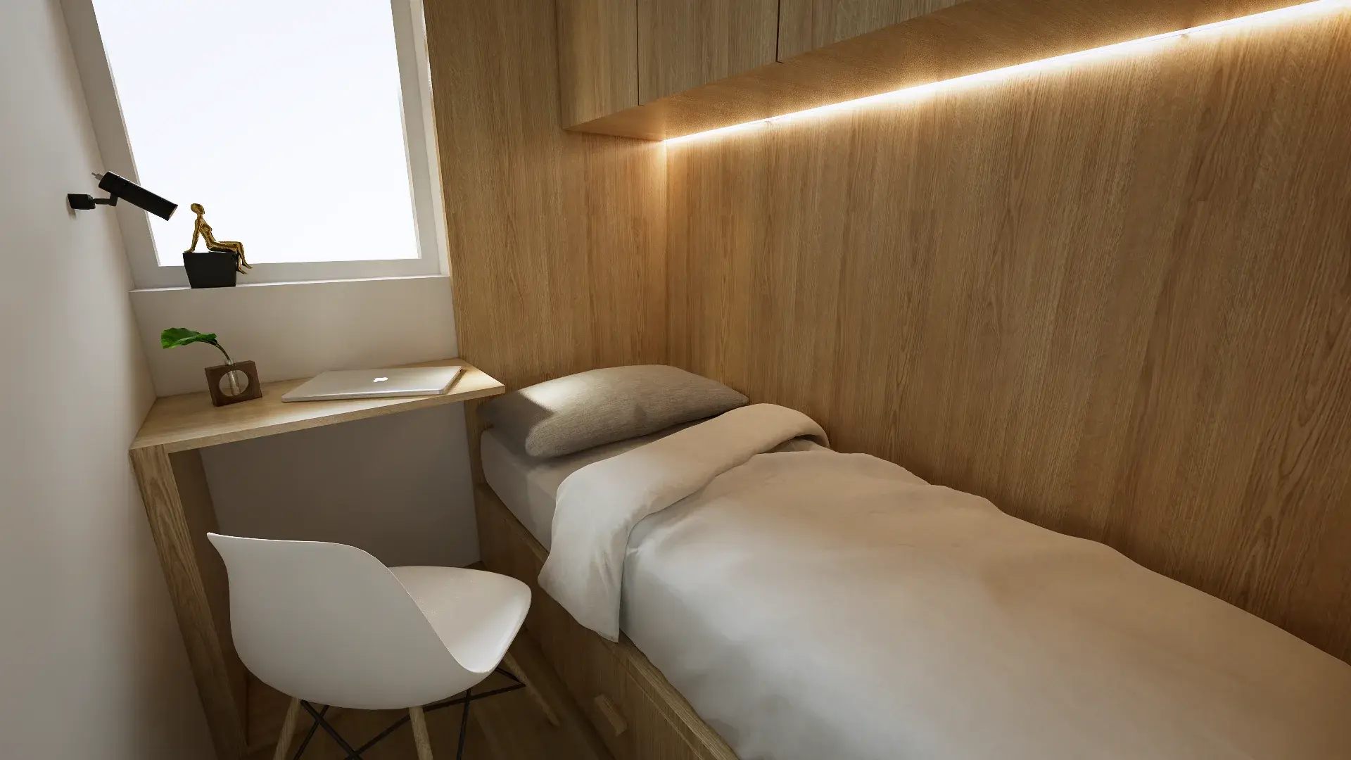Wide view of the micro-hotel bed, integrated timber headboard, desk, and concealed lighting