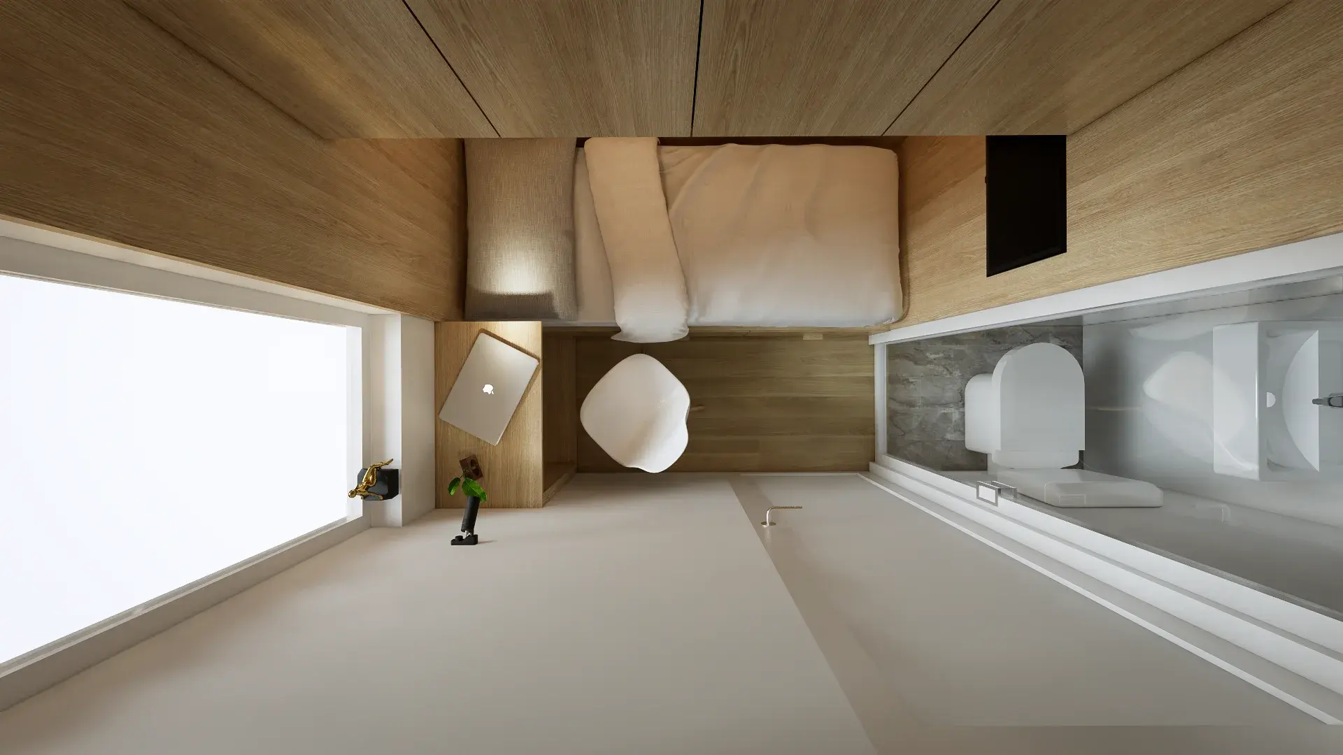 Top-down plan view showing the micro-hotel sleeping area, workspace, and narrow ensuite