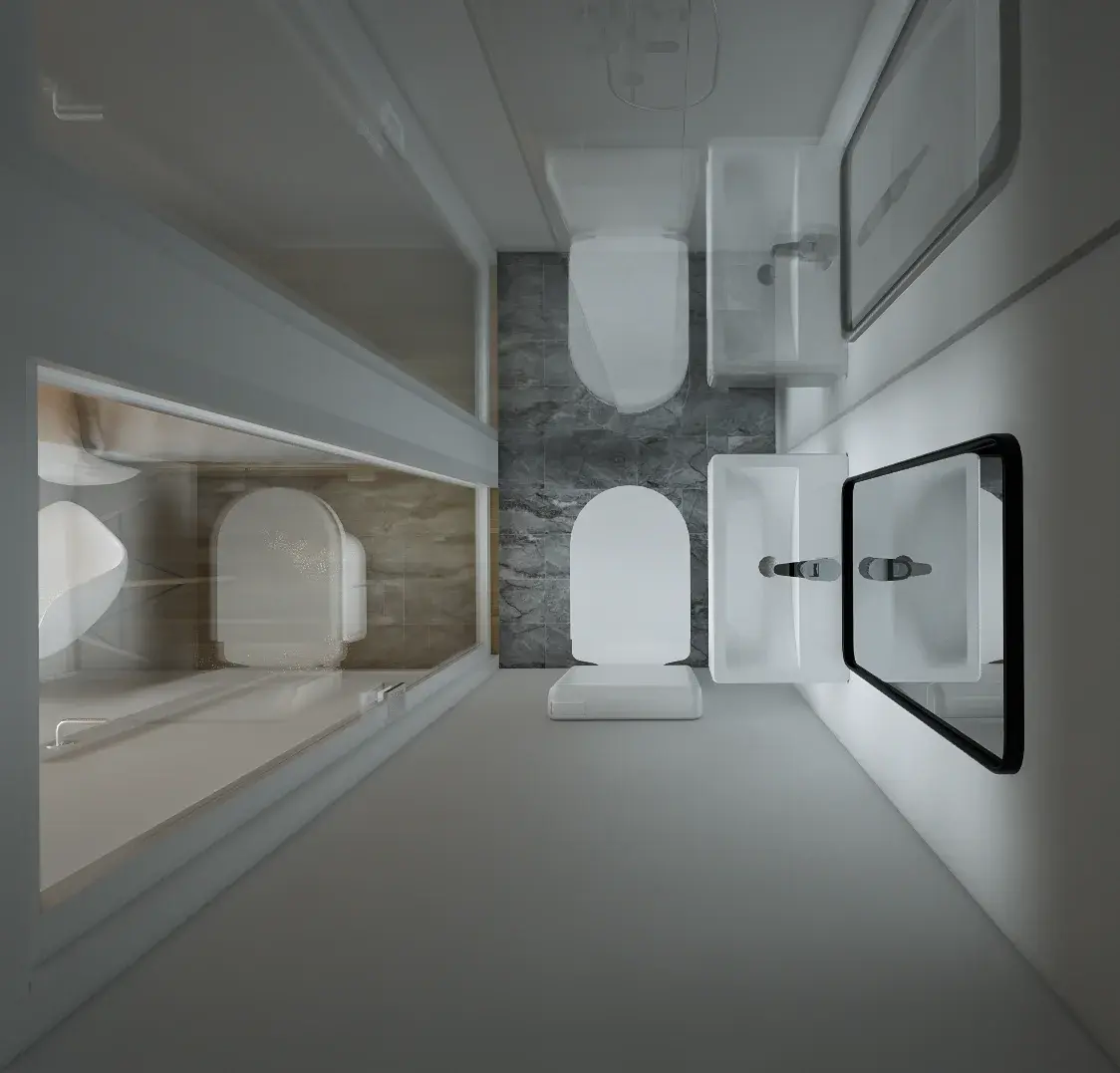 Top-down detail of the compact ensuite with shower enclosure, toilet, and basin