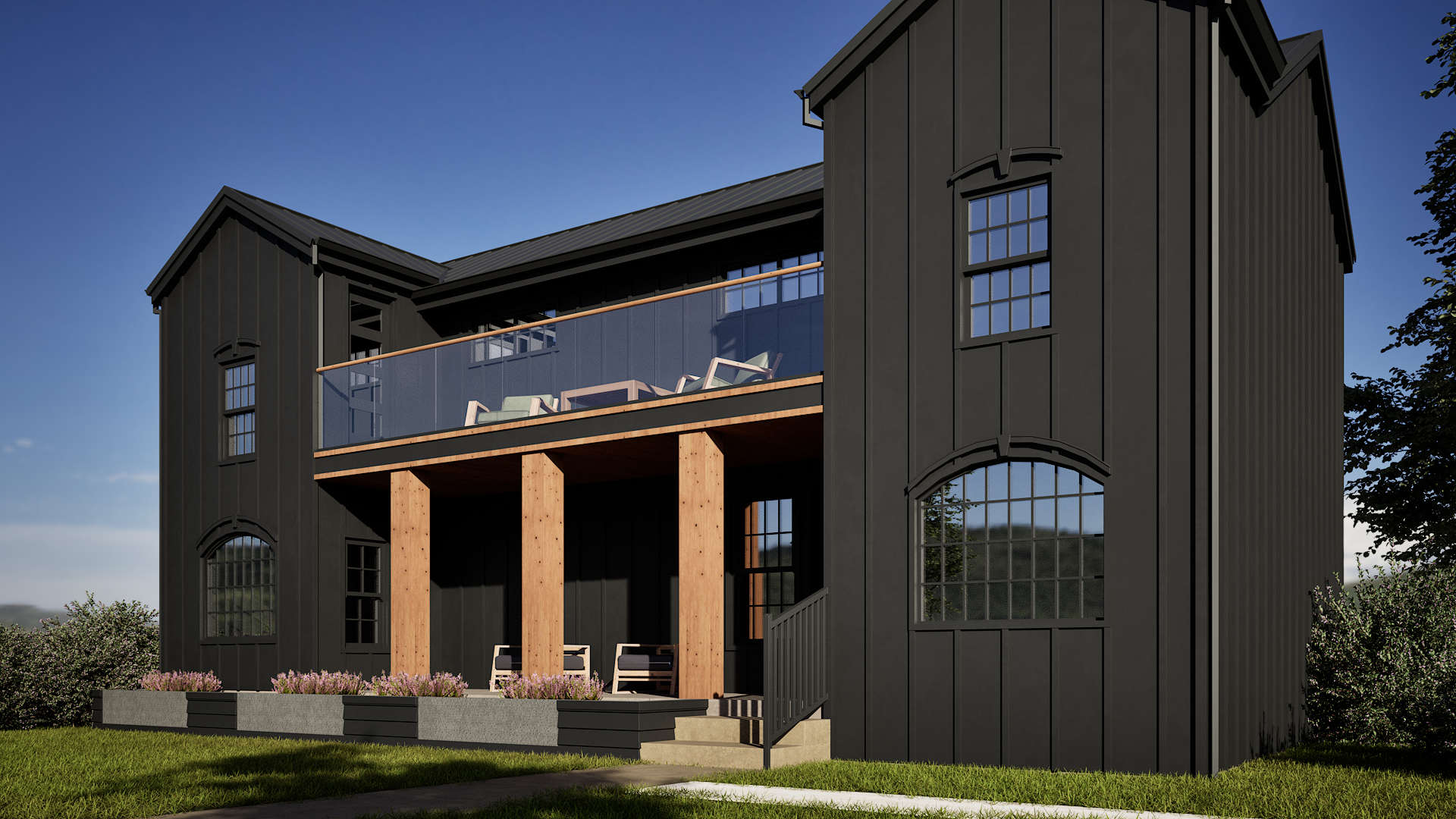 The covered entrance porch provides a welcoming transition between the home and its landscaped surroundings