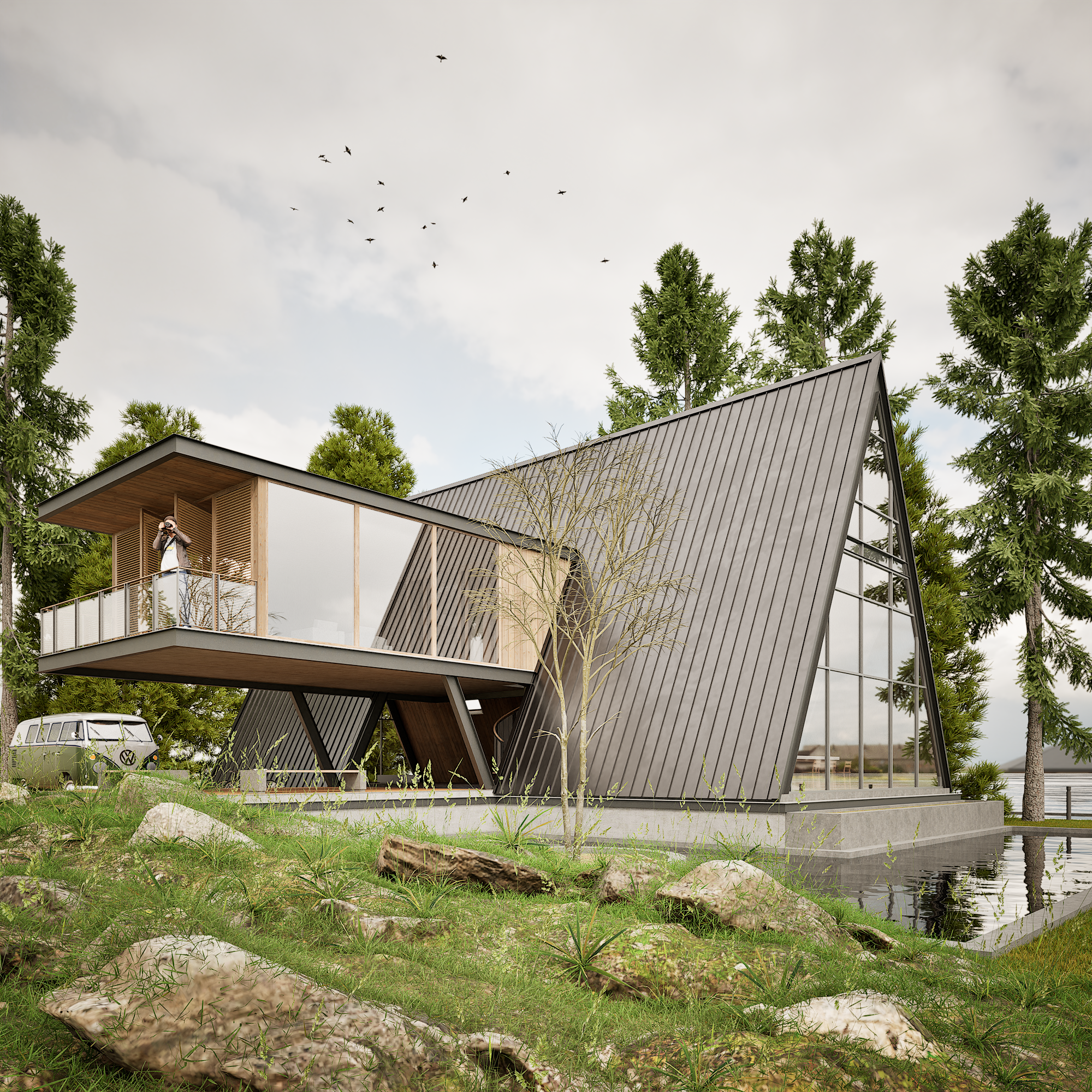 Modern A-Frame Cabin Rendering | Lakefront Retreat Concept architectural visualization