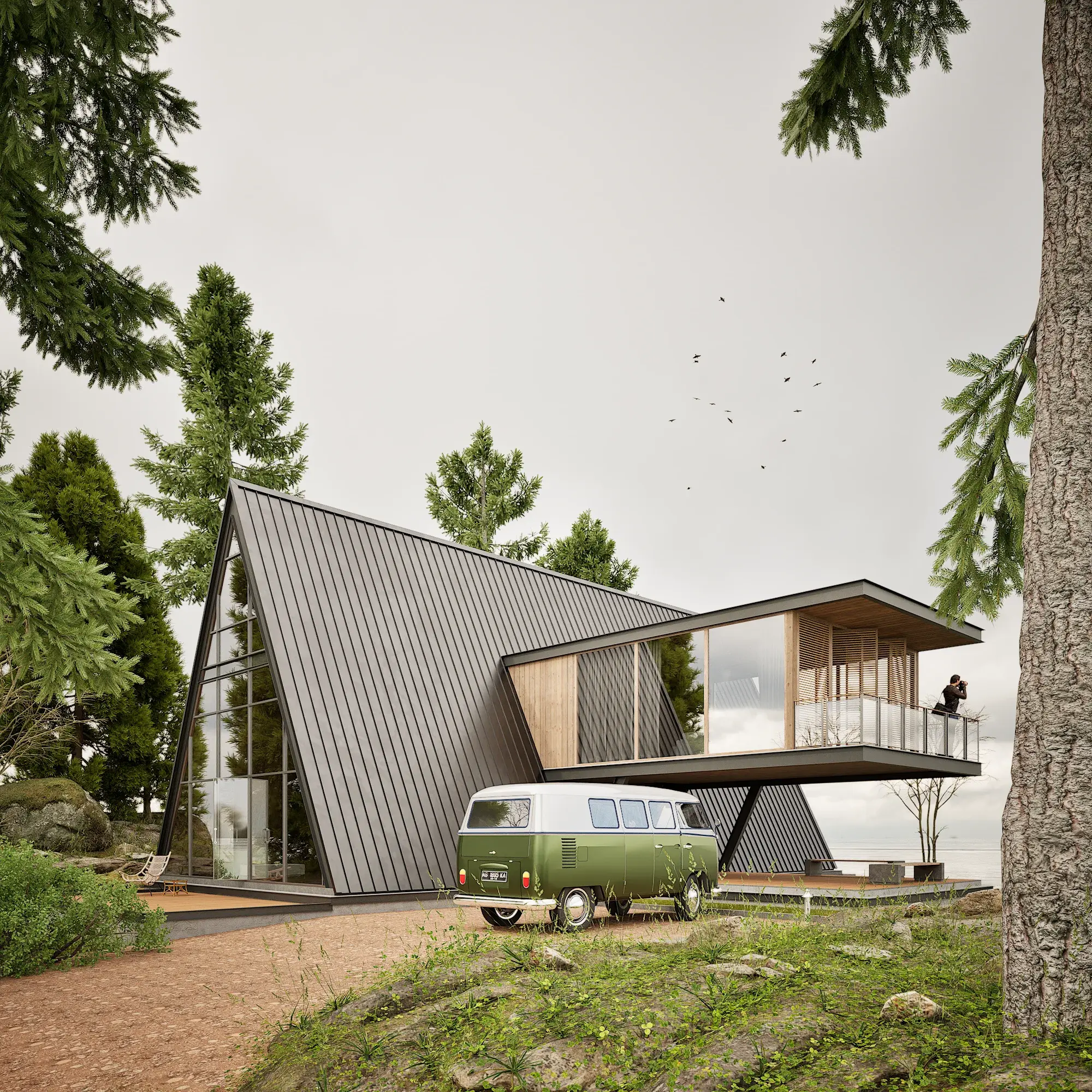 Modern A-Frame Cabin Rendering | Lakefront Retreat Concept architectural visualization — view 2