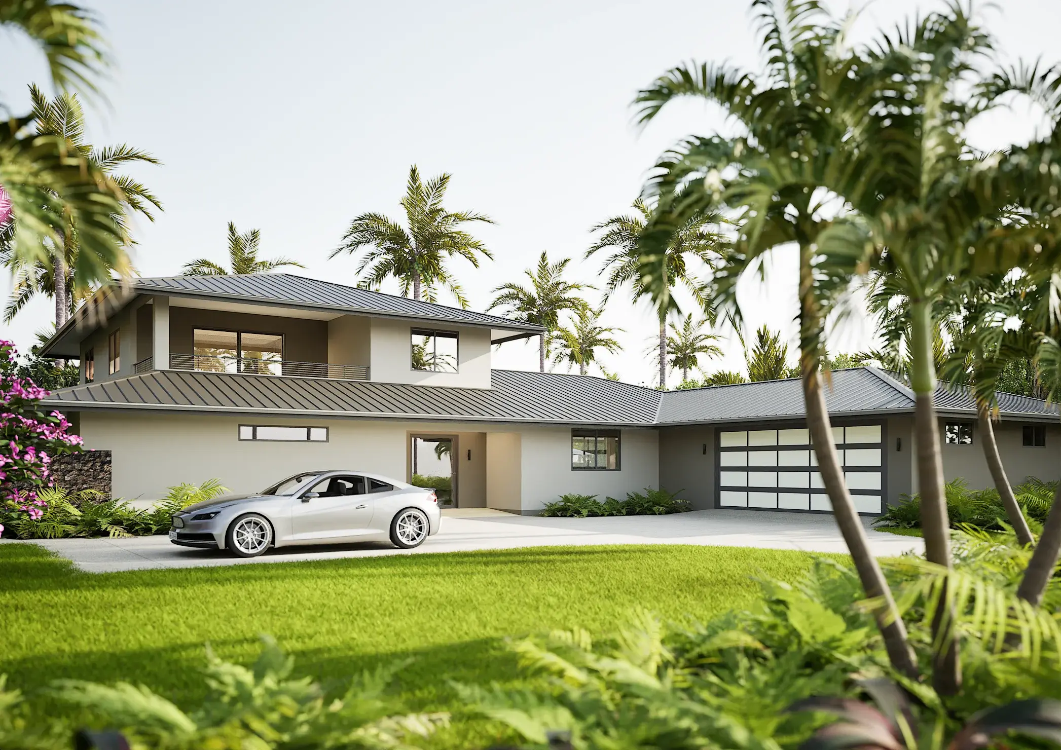 Driveway elevation of the tropical villa with an integrated garage and palm-lined lawn