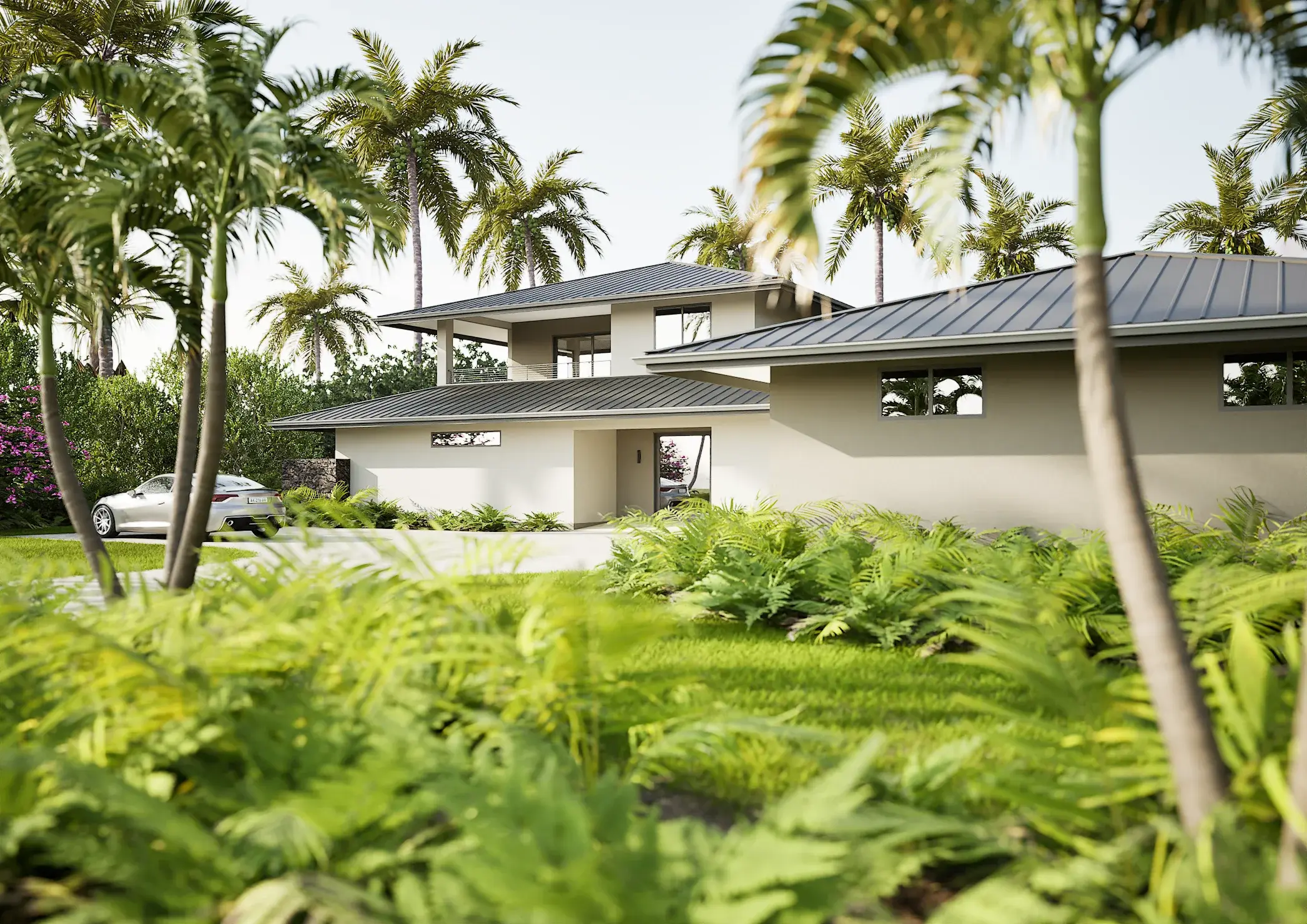 Garden view toward the villa entrance through layered tropical landscaping